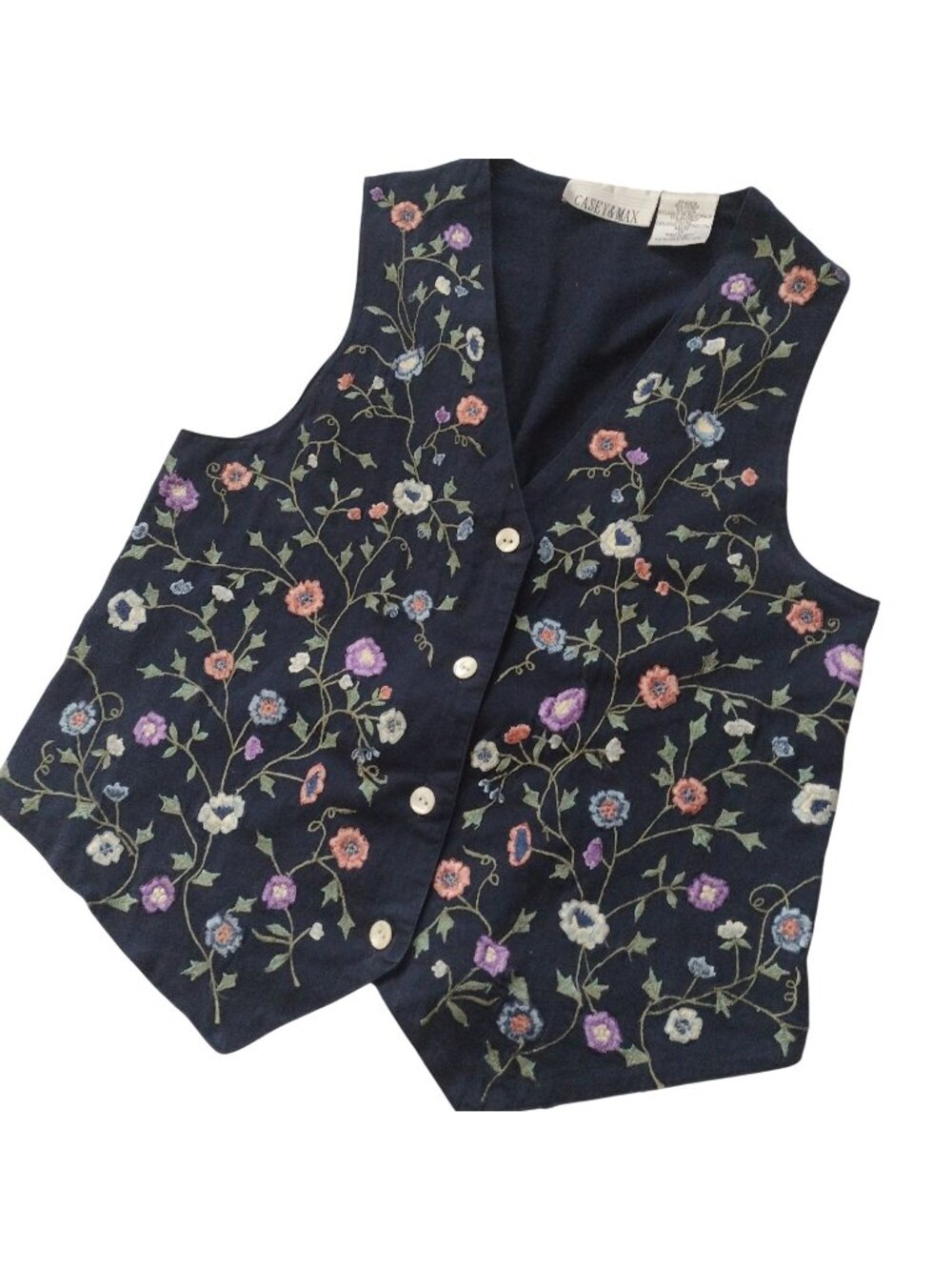 Vtg Floral Country Vest M Linen Blend Embroidered Cowgirl Western Prairie Top